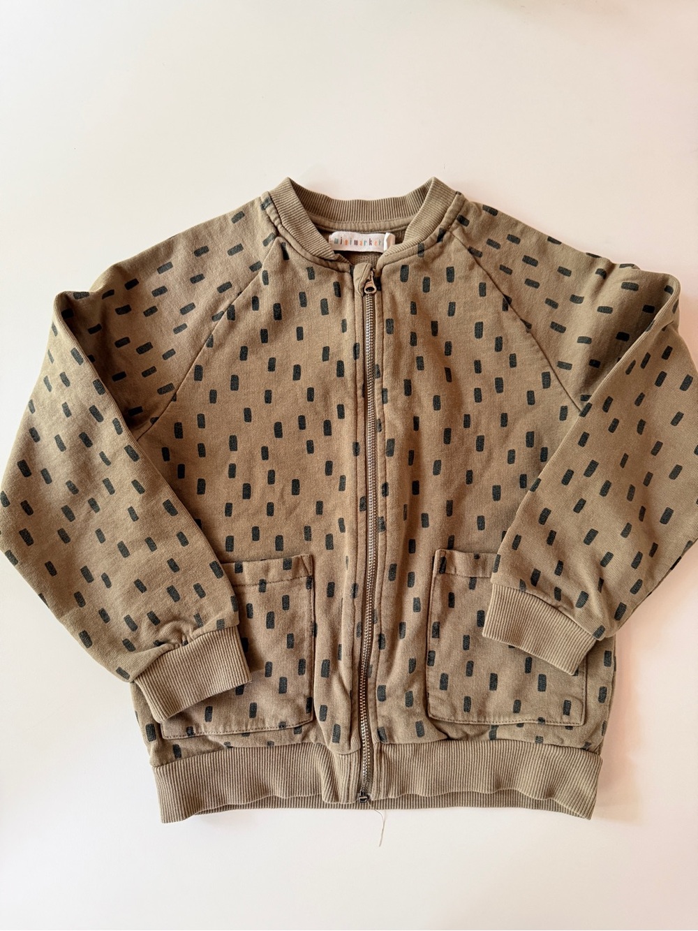 Kids Zip-Up Bomber Jacket in Olive with Black Dash Print